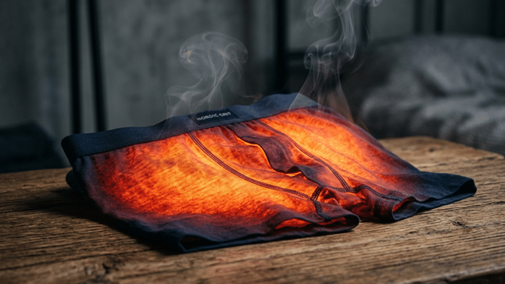 Image conceptuelle de sous-vêtements masculins rougeoyant et dégageant de la vapeur, illustrant l'impact de la surchauffe du scrotum sur la fertilité masculine.