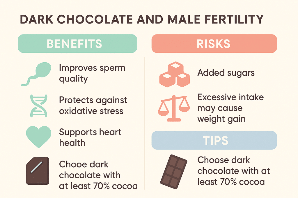 Infografía que muestra los beneficios, riesgos y consejos sobre el chocolate negro y la fertilidad masculina.