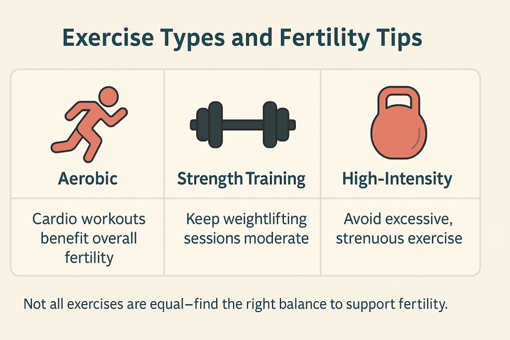 Graphique infographique en forme de paysage présentant différents types d'exercices - cardio, musculation et yoga/étirement - associés à un conseil de fertilité et à une icône dans un design épuré et plat.