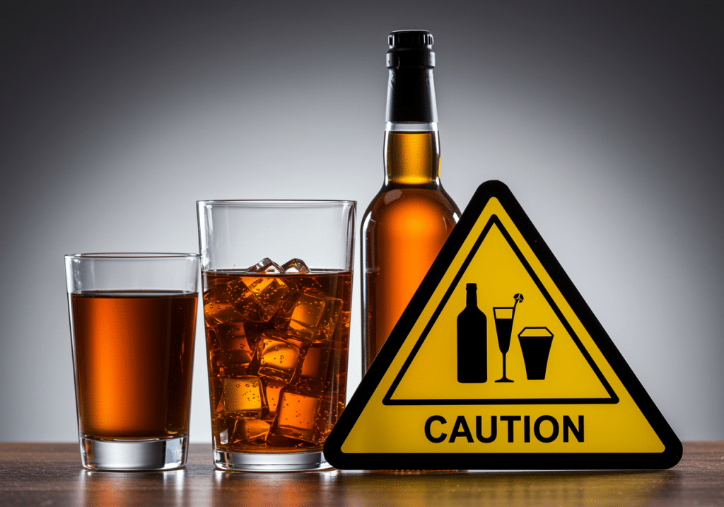 Tres vasos y una botella de bebidas alcoh贸licas junto a una se帽al de precauci贸n amarilla con iconos de bebidas