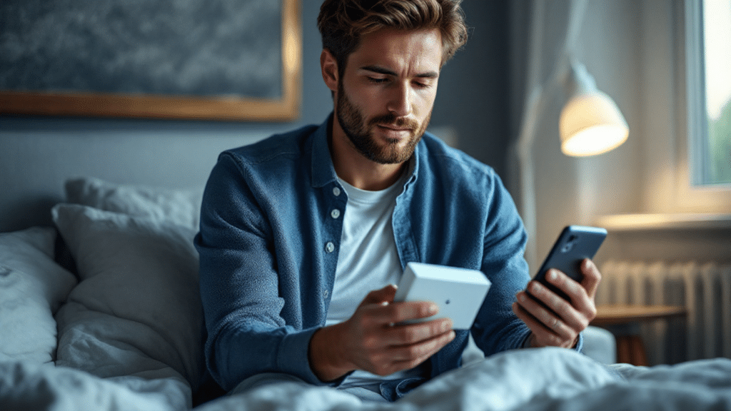 Un hombre sentado en una cama mirando un kit de prueba de fertilidad casero y su smartphone, preparándose para hacerse una prueba de esperma en casa.
