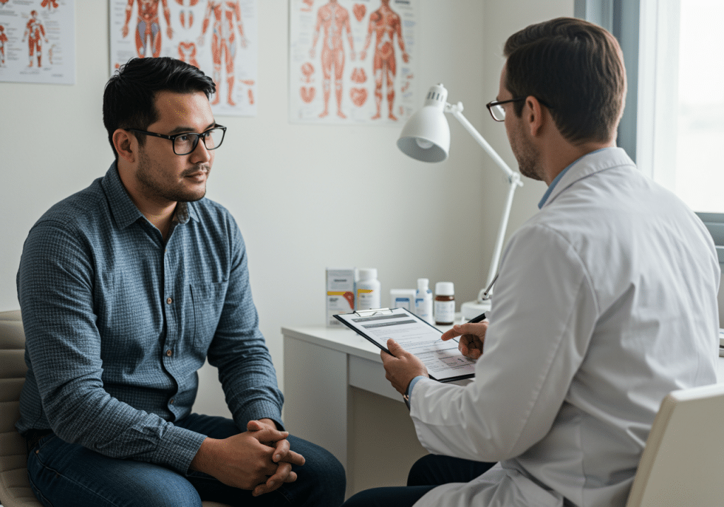 Hombre de unos 30 a帽os conversa con un m茅dico en una moderna consulta m茅dica, destacando la importancia de los chequeos m茅dicos rutinarios.
