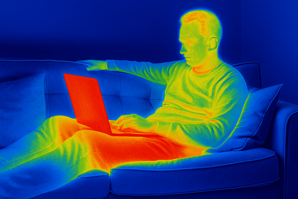 Hombre utilizando un ordenador port谩til rojo brillante en su regazo en una habitaci贸n oscura, destacando el riesgo de exposici贸n al calor para la fertilidad masculina.