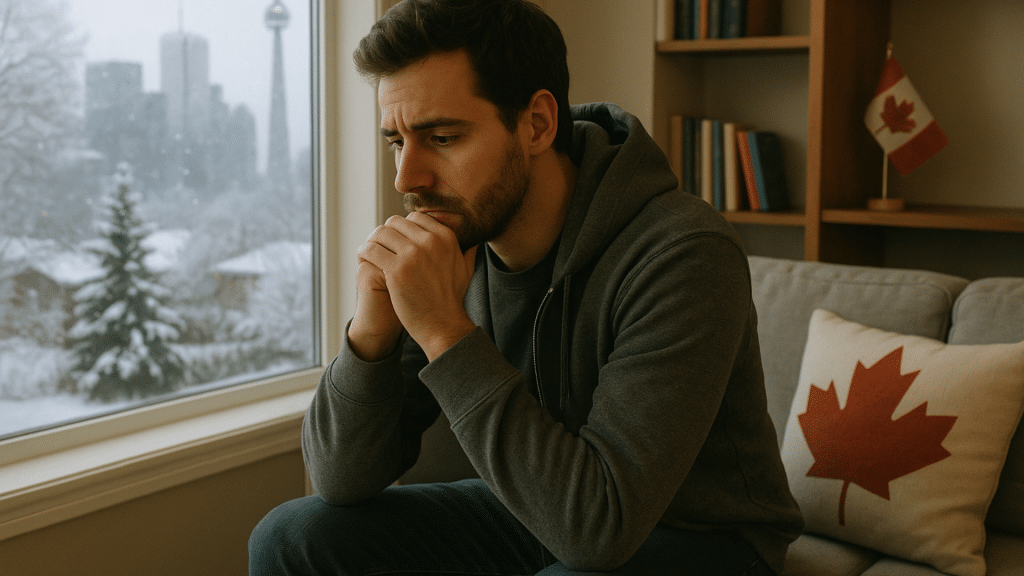 Un hombre canadiense se sienta pensativo en un sofá en invierno, con una pequeña bandera canadiense y una hoja de arce de almohada de fondo, representando las preocupaciones privadas sobre la fertilidad masculina en Canadá.