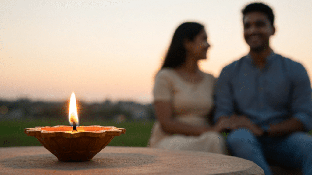 Una diya de Diwali resplandeciente con una pareja sonriendo al fondo, símbolo de esperanza, renovación y conciencia de la fertilidad.