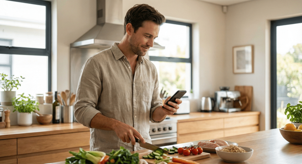 Hombre cocinando verduras en una cocina luminosa mientras mira su smartphone, representando un estilo de vida saludable que favorece la fertilidad masculina.