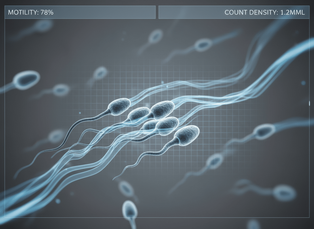 Imagen microscópica digital que muestra espermatozoides humanos con superposición de datos de motilidad y densidad de recuento, utilizada para ilustrar la precisión del análisis espermático.