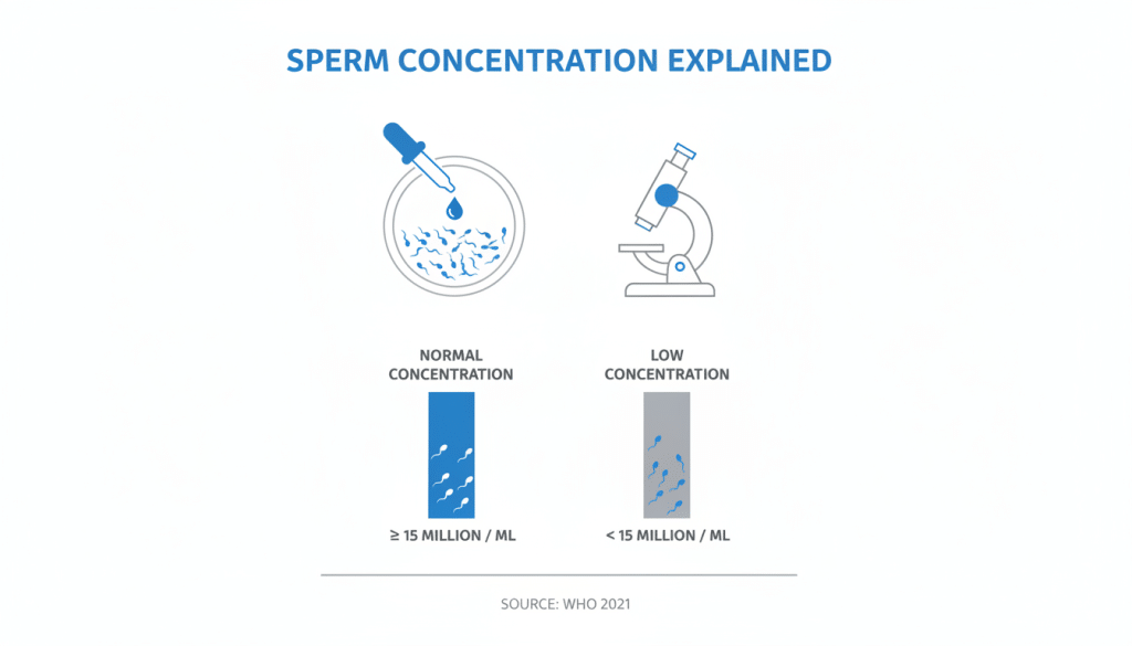 Infografía que explica los niveles normales y bajos de concentración de esperma según las normas de análisis de semen de la OMS 2021.