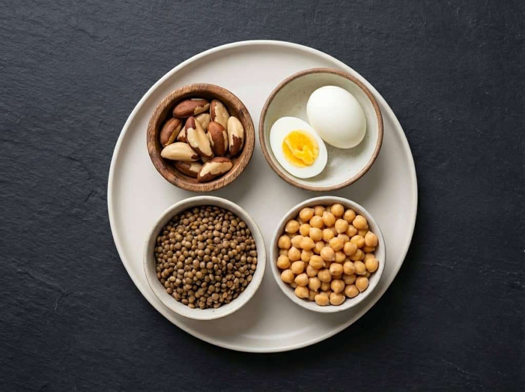 Alimentos ricos en folato y selenio para la integridad del ADN espermático, como nueces de Brasil, huevos y lentejas con nutrientes etiquetados.