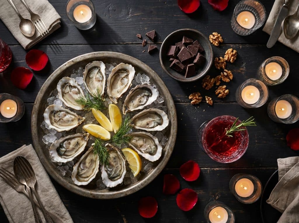 Degustación gourmet de ostras, chocolate negro y cócteles de granada como parte de los consejos de fertilidad de San Valentín para mejorar la salud del esperma.