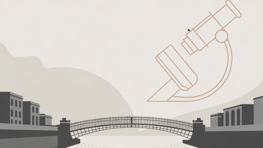 Illustration av manlig fertilitetstestning i Irland med Dublin-bron och mikroskopikon