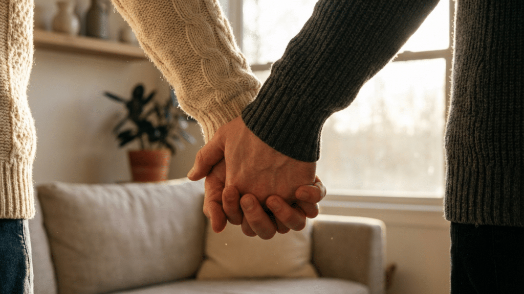 Ett par delar en intim kram i varm belysning, vilket representerar Alla hjärtans dag fertilitetstips för att minska stress och öka oxytocin.