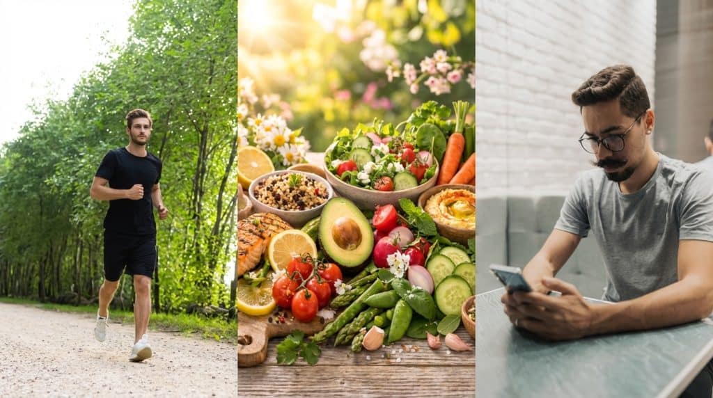 Un homme faisant du jogging en plein air, des aliments sains favorables à la fertilité et un homme utilisant un smartphone représentent les facteurs de style de vie qui améliorent la fertilité masculine.