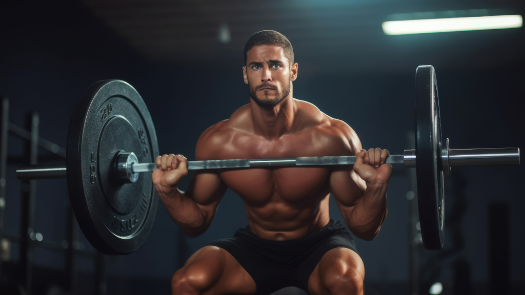Hombre musculoso realizando una pesada sentadilla con barra en un gimnasio, representando el ejercicio de alta intensidad y su impacto biológico en la fertilidad masculina y la salud del esperma.