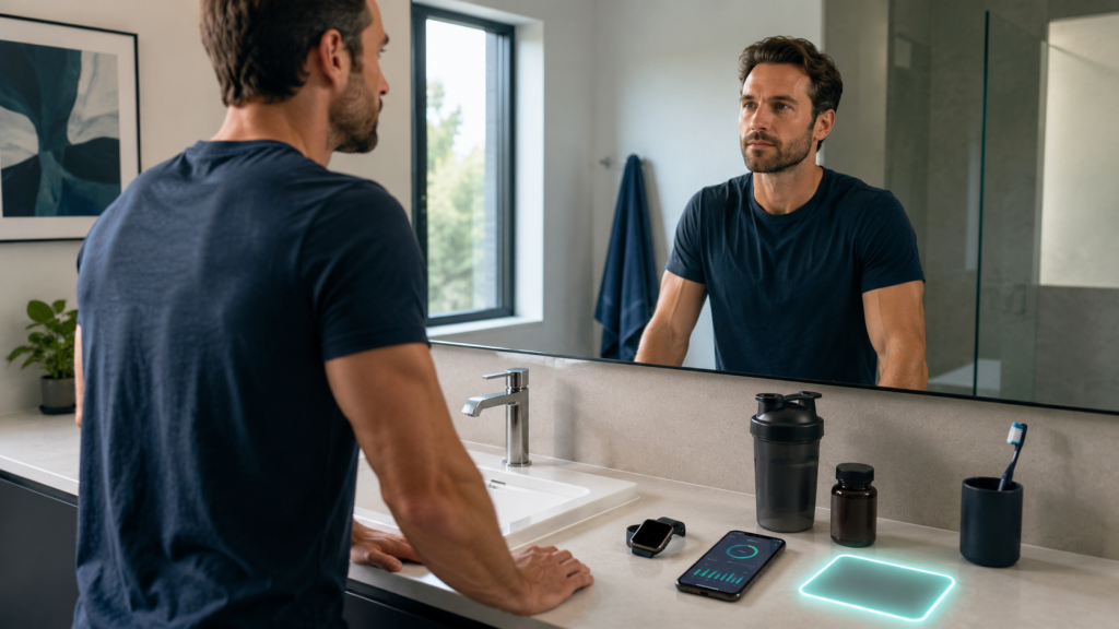 Un hombre de pie frente al espejo del baño, junto a una serie de artículos para el cuidado personal, entre los que se incluyen un reloj inteligente, un shaker para proteínas, un cepillo de dientes, un frasco de suplementos y el panel de control de salud del móvil, con un espacio vacío resaltado que representa la salud espermática, a menudo pasada por alto.