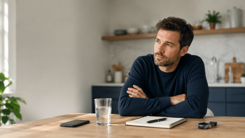 Homme assis pensivement à une table de cuisine avec un carnet de notes, un téléphone, une smartwatch et un verre d'eau, représentant le stress, l'épuisement professionnel et la santé masculine.