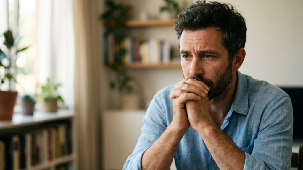 Un hombre preocupado, sentado en casa con las manos entrelazadas, pensando en la fertilidad masculina y la salud del esperma.