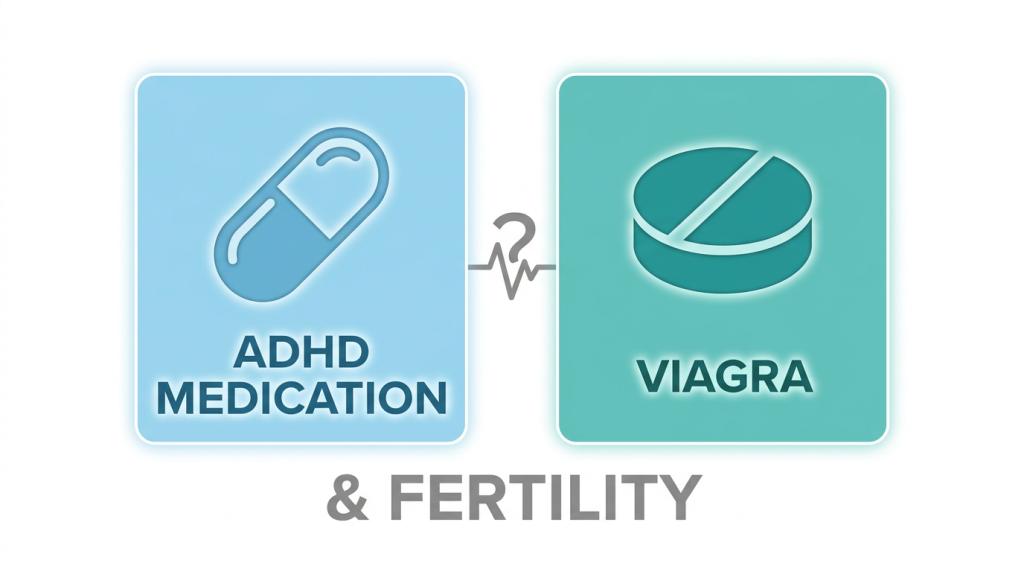 ¿Afecta el Adderall al recuento de espermatozoides? Los iconos de los medicamentos para el TDAH y el Viagra están unidos por una línea que representa la frecuencia cardíaca y un signo de interrogación, lo que simboliza su relación con la fertilidad masculina.