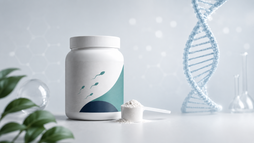 Pot de compléments alimentaires à base de créatine orné d'un dessin représentant un spermatozoïde et une hélice d'ADN, illustrant les recherches sur la créatine et la fertilité masculine