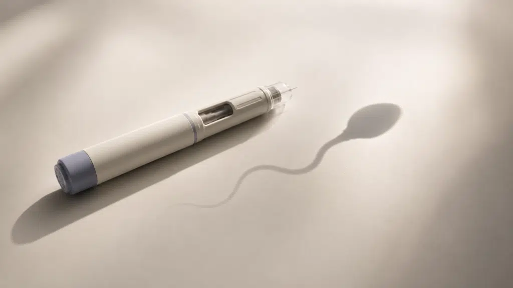 Een merkloze injectiepen voor gewichtsverlies die een sperma-achtige schaduw werpt, wat vragen oproept over Ozempic en de vruchtbaarheid van mannen.
