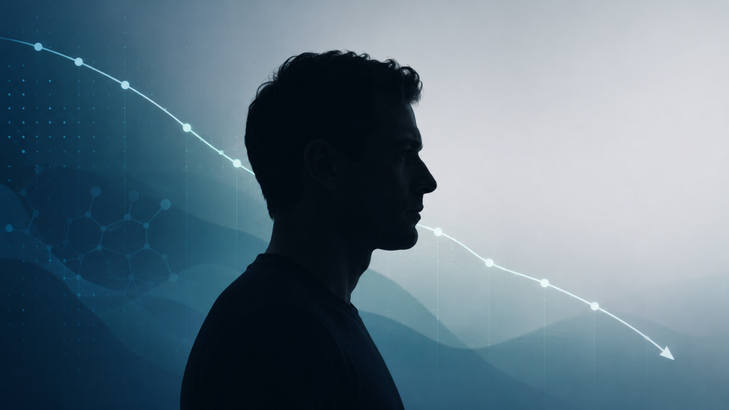 Silueta de perfil de un hombre con un gráfico lineal descendente al fondo, que representa la disminución de los niveles de testosterona y la salud reproductiva masculina.