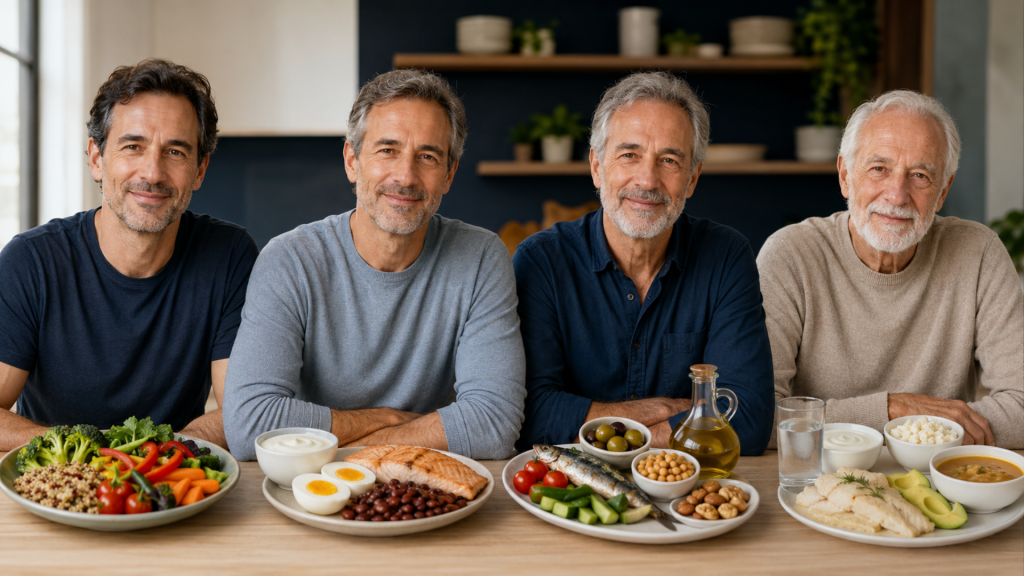 Vier mannen in de leeftijdscategorieën 40, 50, 60 en 70 zitten aan tafel met gezonde, op hun leeftijd afgestemde maaltijden, bestaande uit groenten, volkorenproducten, eiwitten, vette vis, gezonde vetten en calciumrijke voedingsmiddelen.