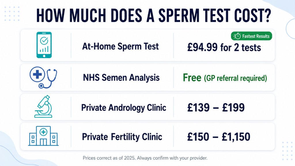 Combien coûte un test de sperme ? Comparaison entre un test de sperme à domicile à 94,99 £ pour 2 tests, un test gratuit dans le cadre du NHS sur prescription d'un médecin généraliste, un test dans une clinique d'andrologie privée entre 139 £ et 199 £, et un test dans une clinique de fertilité privée entre 150 £ et 1 150 £.